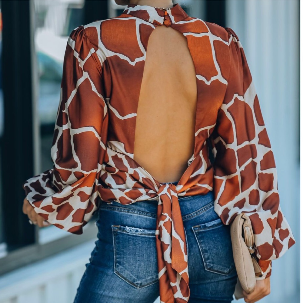 Luxxel Brown and Cream Open-Back Tie Blouse